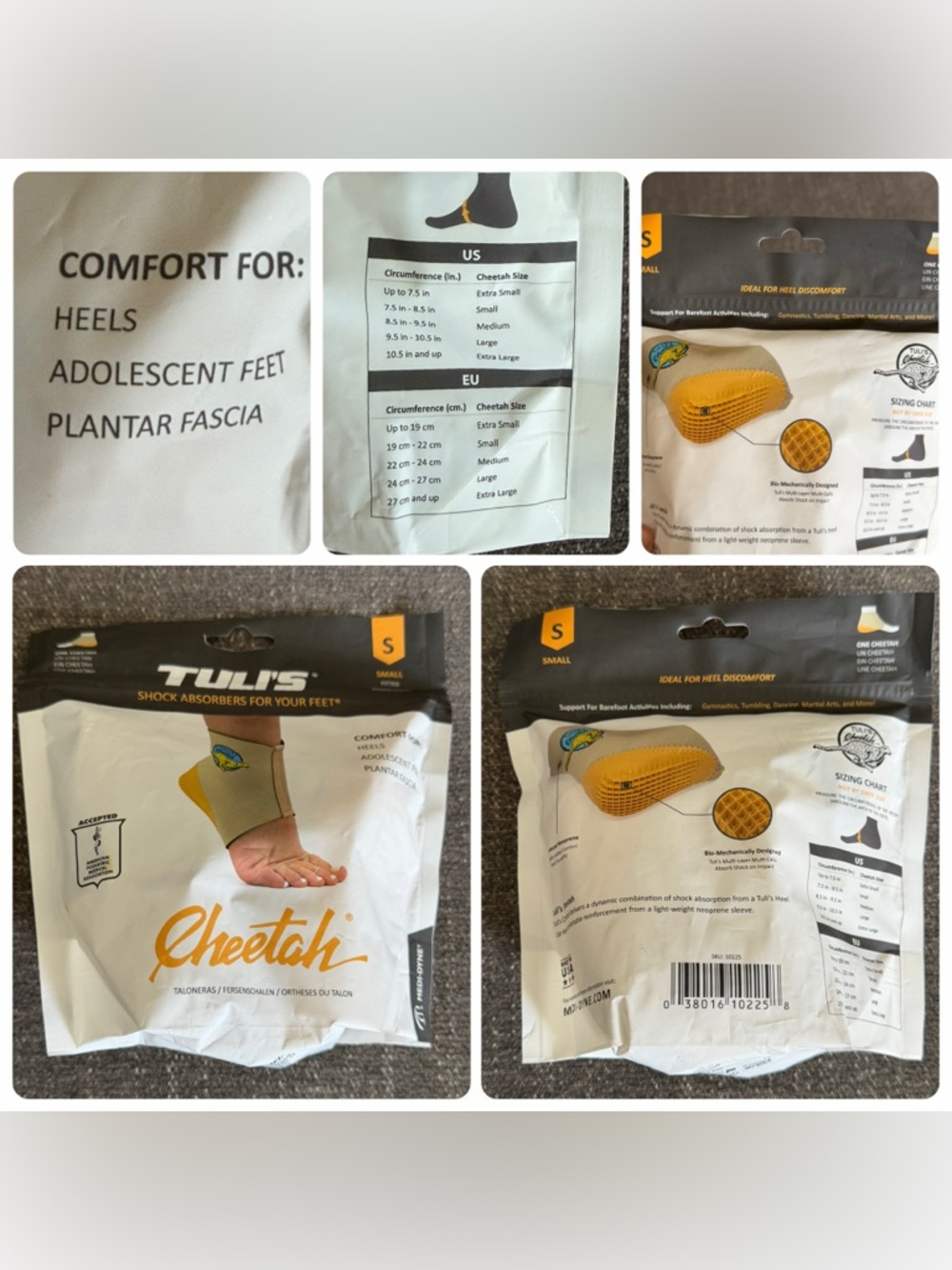Unopened, New! Tuli's Cheetah Heel Shock Absorbers - Yellow/Tan, Small
